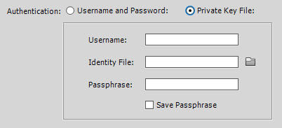 Connecting via SFTP with a private key file requires a username, identity file, and passphrase.