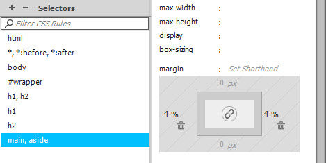 A group selector is used to set horizontal margins for the <main> and <aside> elements.