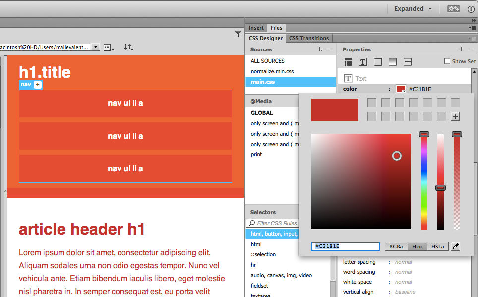 Figure 6. A color change to the html element cascading to the elements it contains