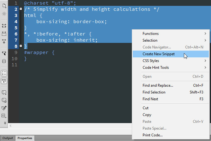 Two style rules are selected. Create New Snippet is highlighted, and the style rules are saved as a new Snippet.  