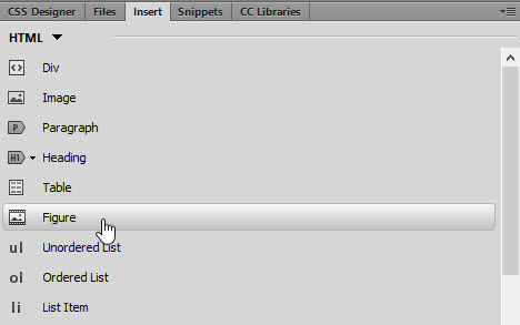Selecting Figure from the HTML category in the Insert panel.