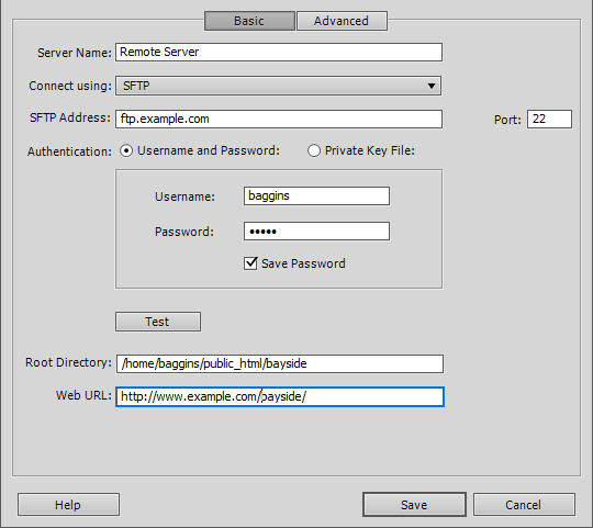 SFTP settings for connecting to a remote server.