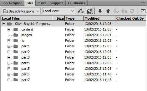 Files panel in Dreamweaver shows root folder with nested folders below it.