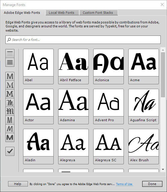 The Manage Fonts panel gives access to a wide range of fonts.  