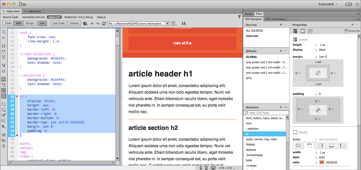 Figure 8. The updated page with orange <hr> elements