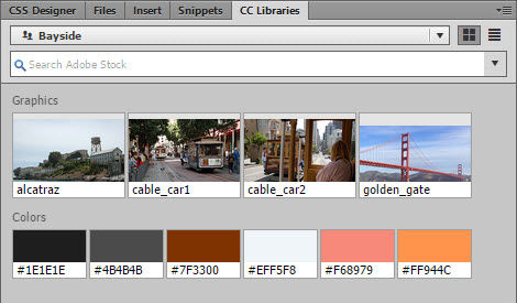 Shared assets for the Bayside project in the Dreamweaver Libraries panel