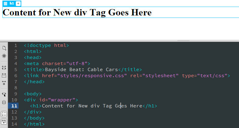 Placeholder text has been converted to an <h1> element. 