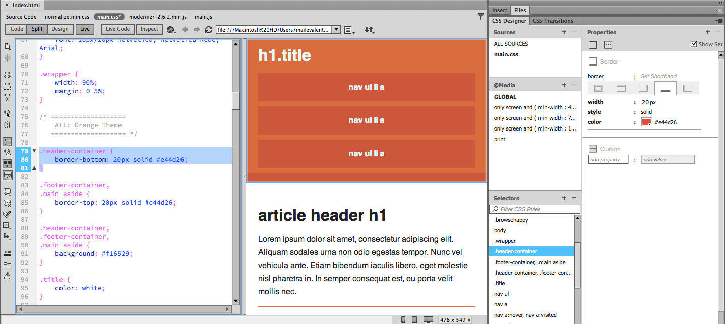 Figure 9. Code View showing CSS for header-container styled with CSS Designer