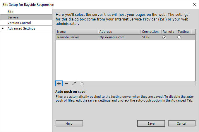 Remote server registered in the Site Setup dialog box