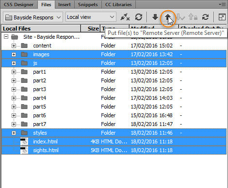 The Put Files (up arrow) icon is selected in the Files panel toolbar.