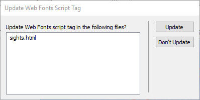Dreamweaver prompt asking if the user wants to update the Web Fonts script in other pages.
