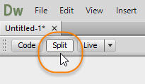 Split button is selected to reveal the underlying code in part of the Document window.