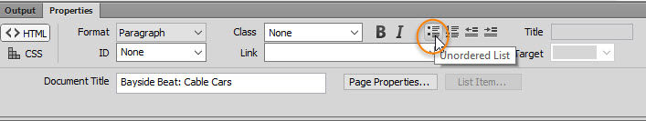 Paragraph is converted to a bullet point by clicking the Unordered List icon in the Property inspector.