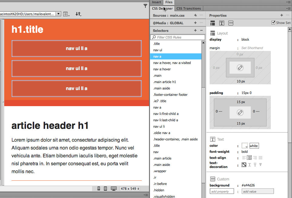 Figure 11. CSS property selection for navigation elements