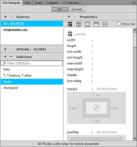 Preparing to set properties for styling the body of the page.