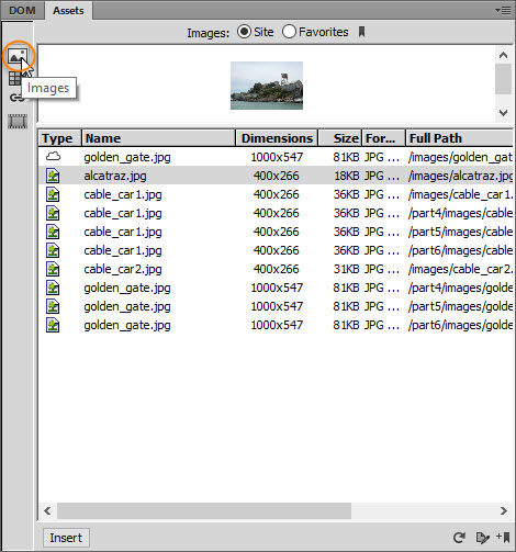 The assets panel lists all images, colors, URLs, and media in the current site.