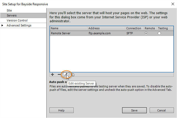 Troubleshoot the remote server setup by clicking the Edit existing Server (pencil) icon.
