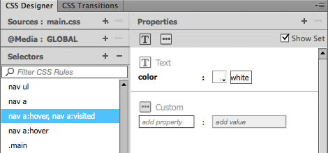 Figure 13. Setting pseudo-class properties in CSS Designer
