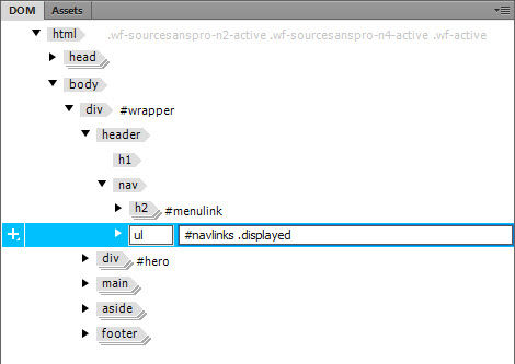 A class is added to the unordered list in the DOM panel.