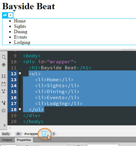 The Tag selector displays where the current selection is in the HTML structure.