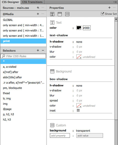 Figure 14. Media queries in CSS Designer