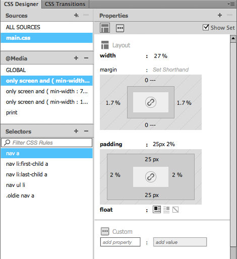Figure 15. Margin and padding settings shown in CSS Designer
