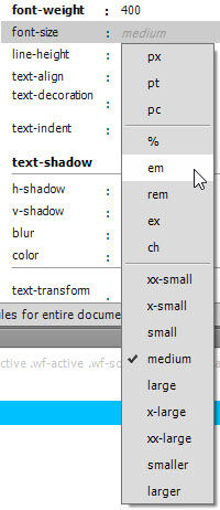 The em unit of measurement is selected for the font size property.