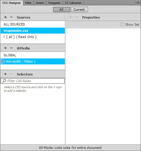 A media query showing that no selectors have been created.