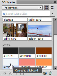 Clicking a color swatch in the CC Libraries panel to copy its hexadecimal value.