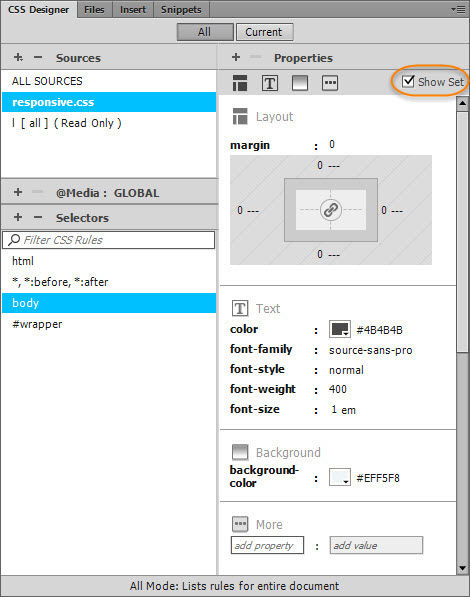 In the CSS Designer, the Show Set box is checked to review the style definitions for a selector.
