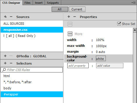 Creating style rules in the More section of the Properties pane.