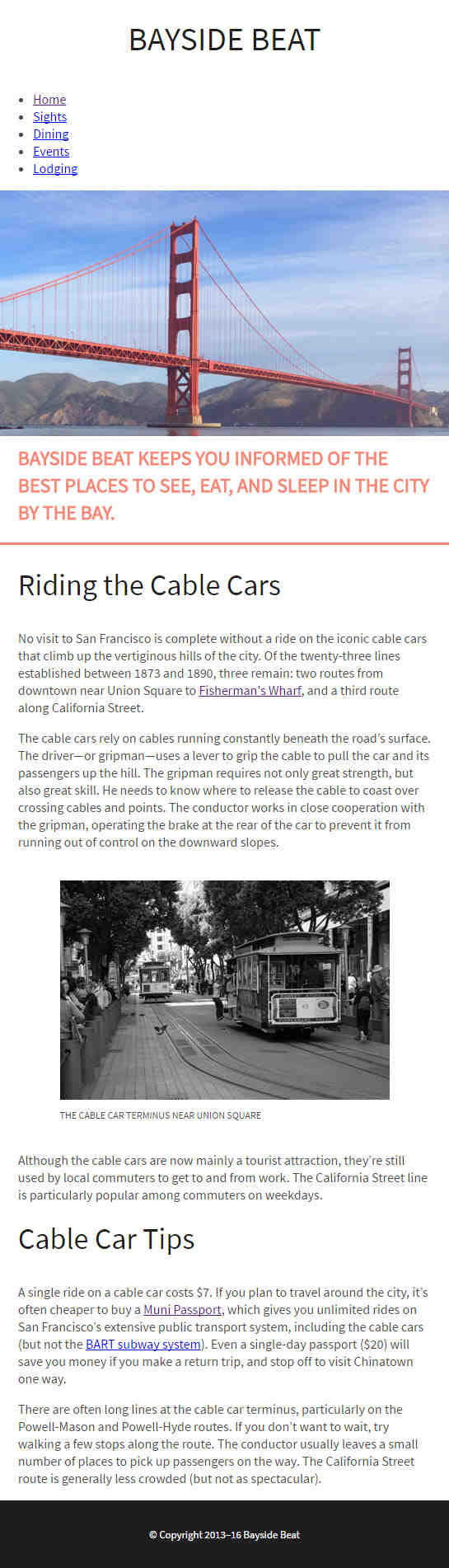 The Bayside Beat website in single-column layout