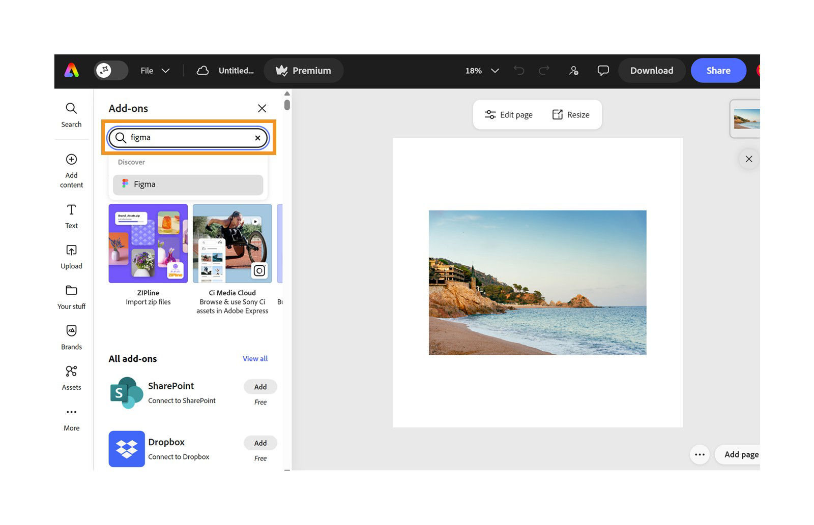 The Add-ons panel displays Figma in the search results.