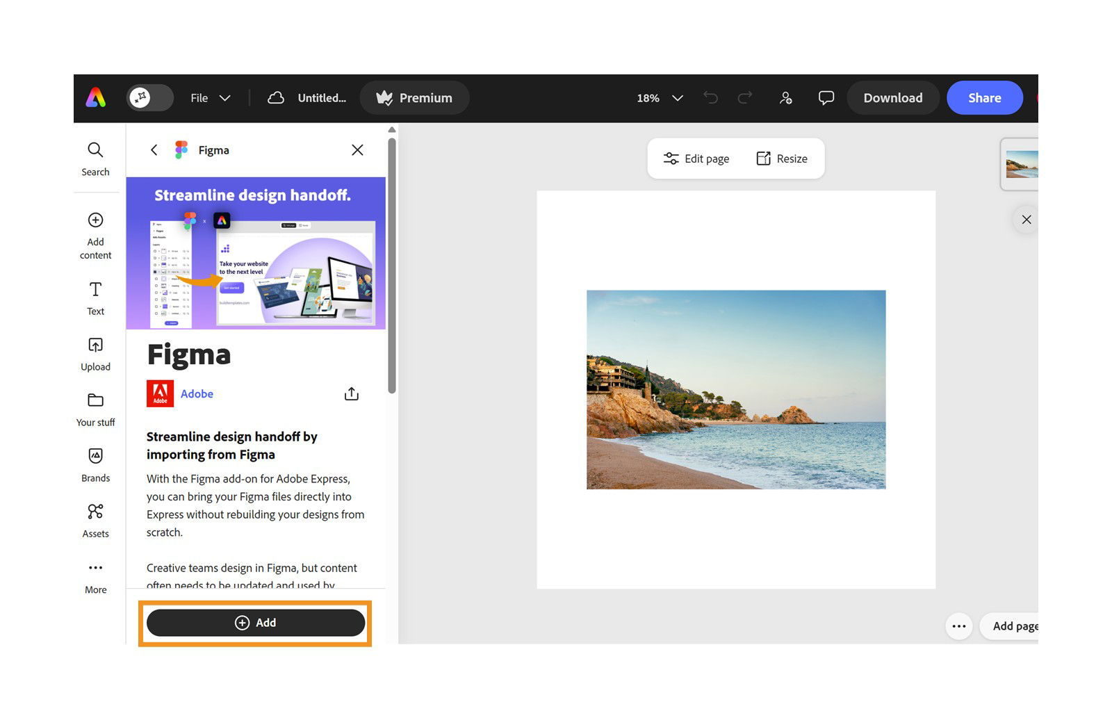 The Figma add-on details page displays the Add button.