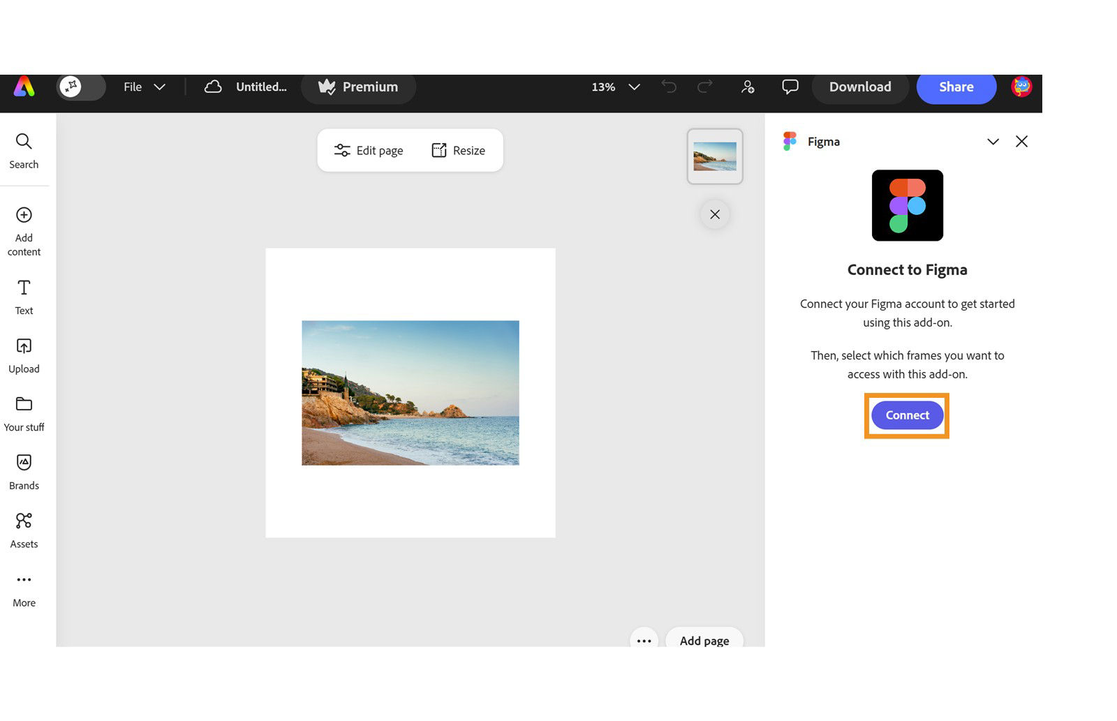 The Figma add-on displays the Connect button to connect a Figma account.
