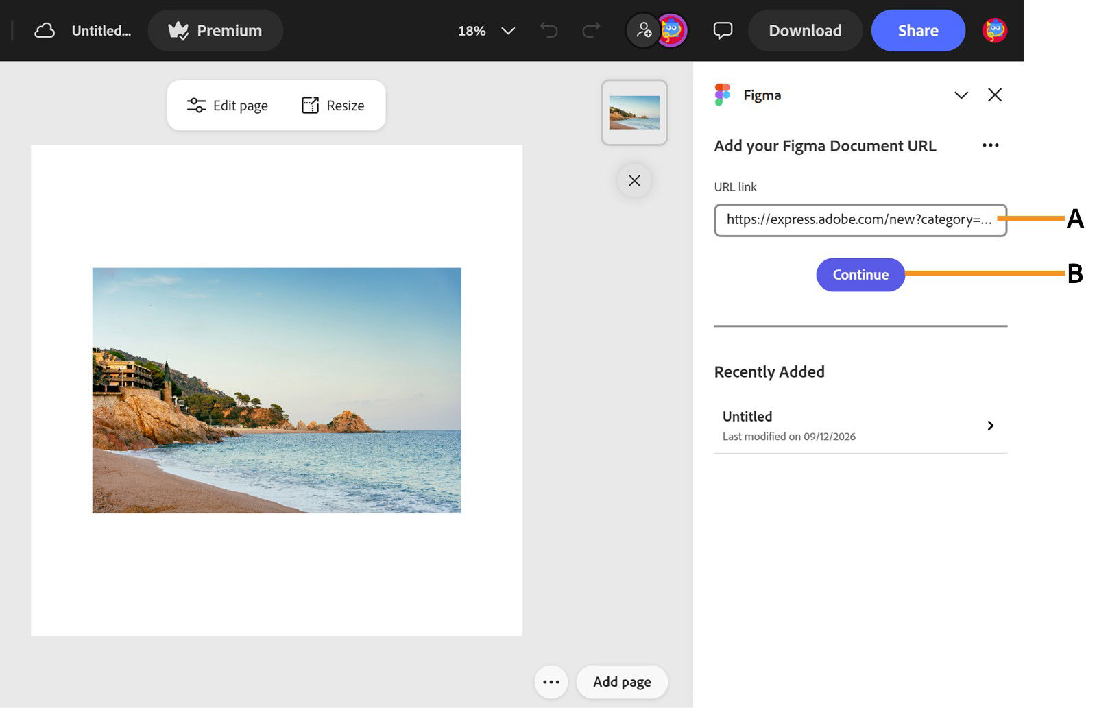 The Figma add-on displays the URL link field and Continue button.