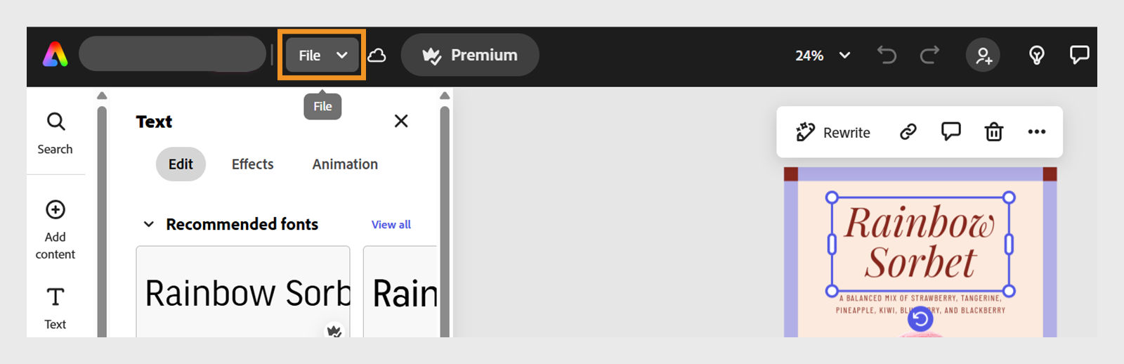 A design open in the Adobe Express editor with the Image panel open in the left and the header displaying various options with the File option highlighted.