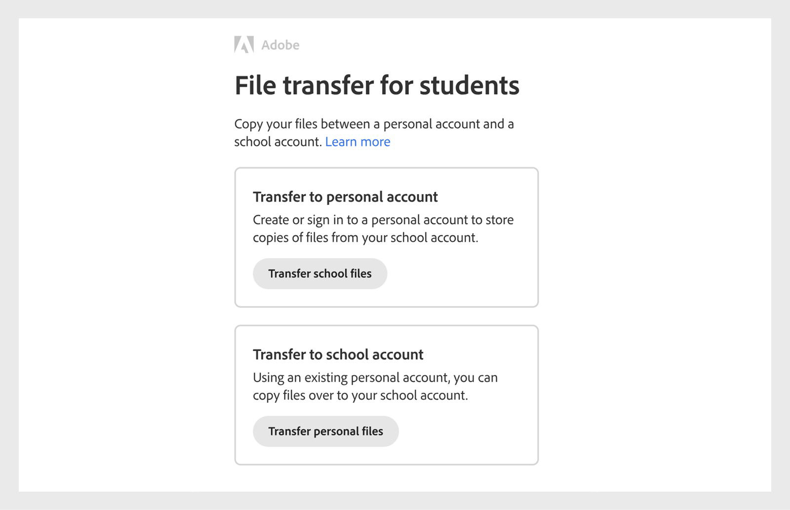 File transfer screen showing the options to move files to personal or school account.