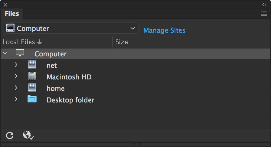 What the Files panel looks like when no site is defined in Dreamweaver