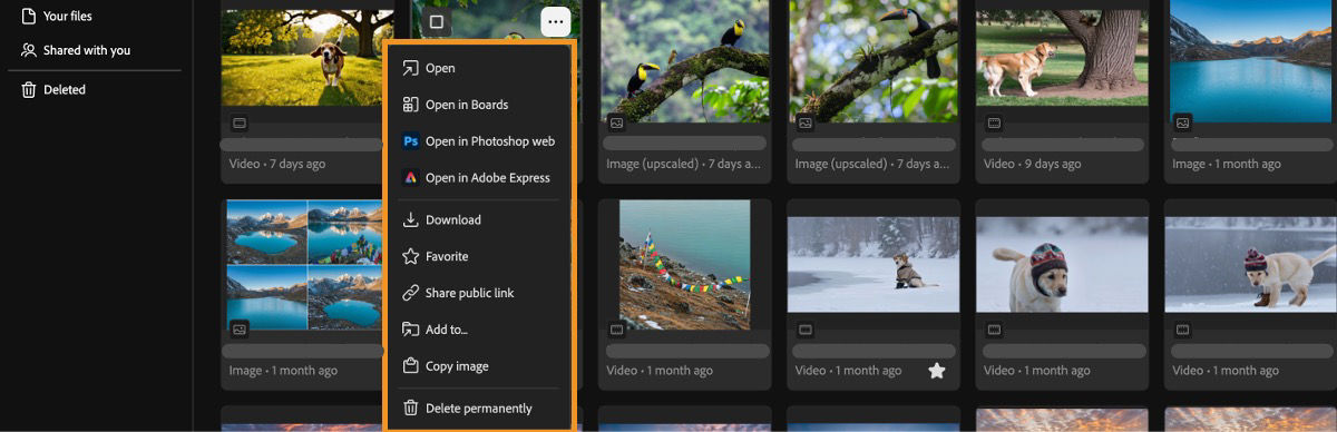 Generation history tab shows a file’s context menu with options to open, open in boards, download, share, or add to.