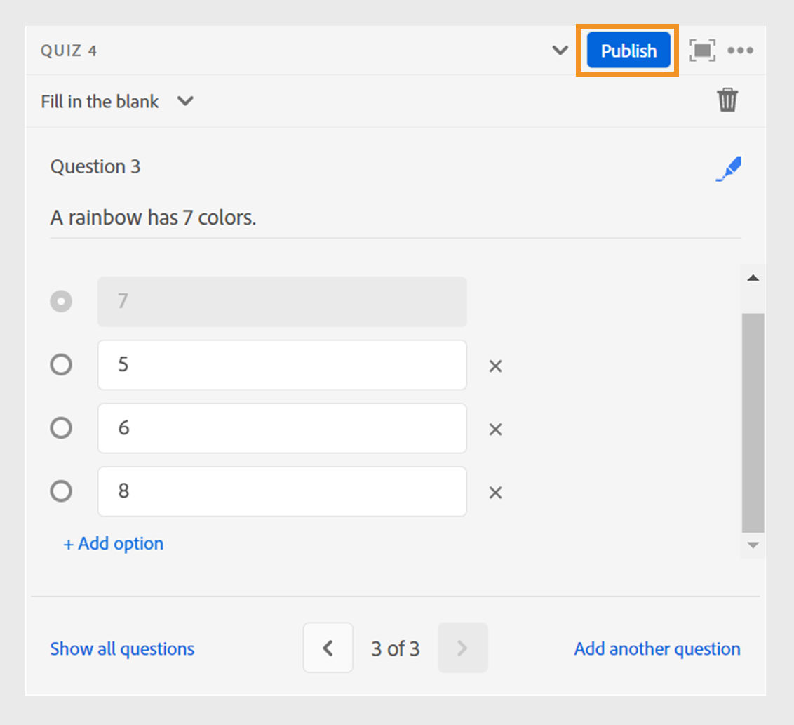 Publish quiz using fill-in-the-blank questions