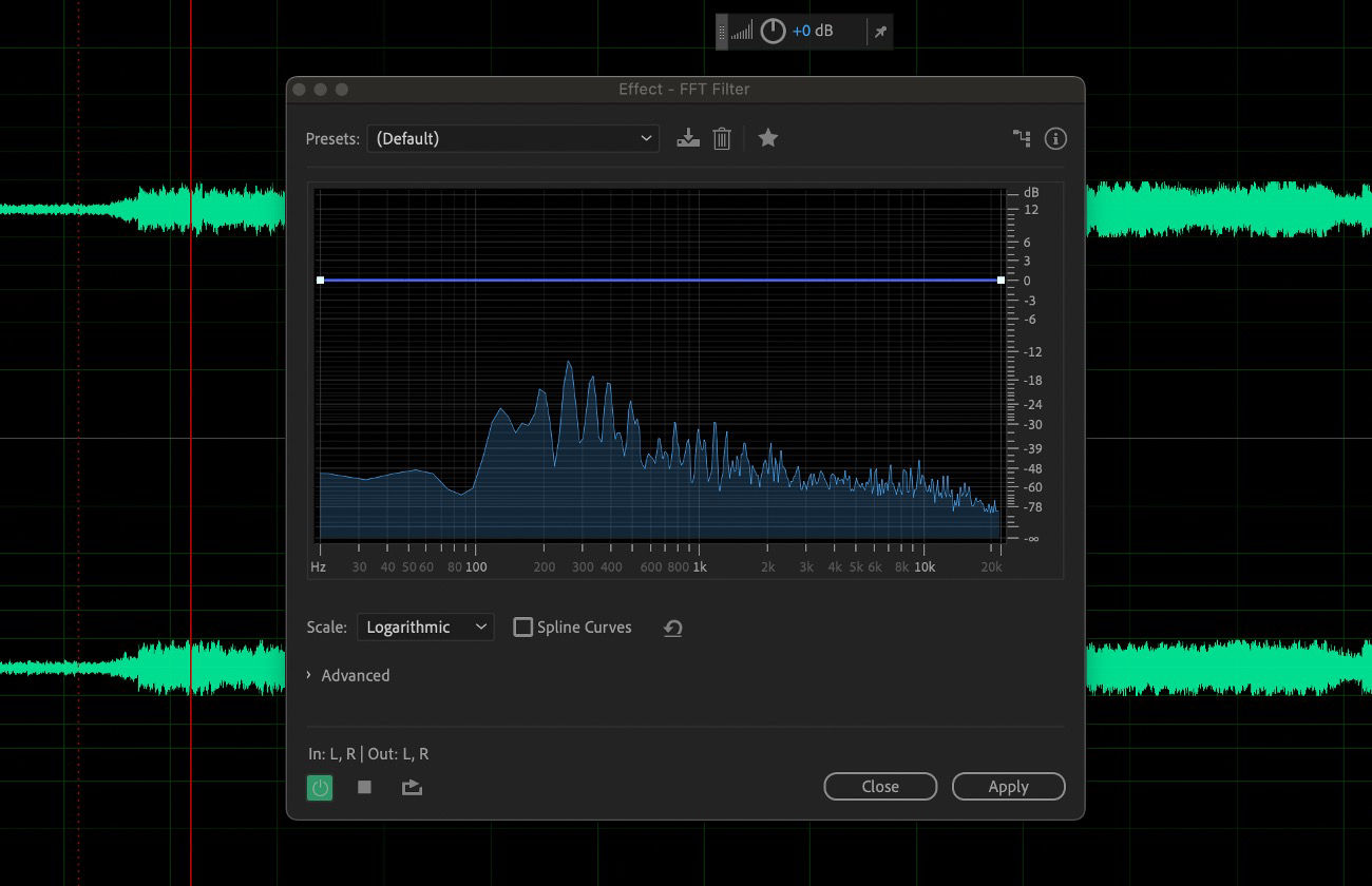The FFT Filter effect dialog box is open, and it has a frequency graph that lets you draw custom filter curves for precise spectral shaping.