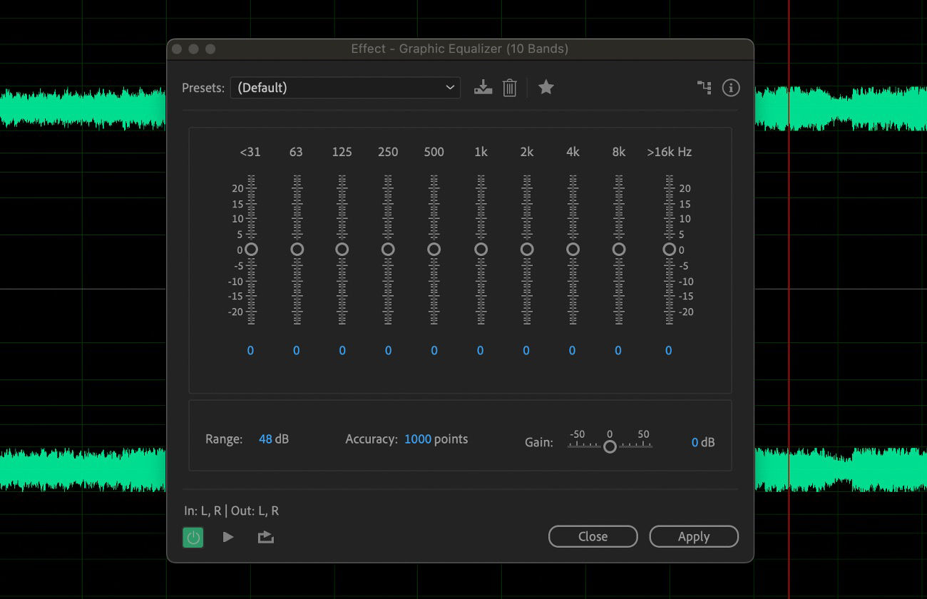 The Graphic Equalizer effect dialog box is open, and it has multiple frequency band sliders for boosting or reducing specific frequency ranges.