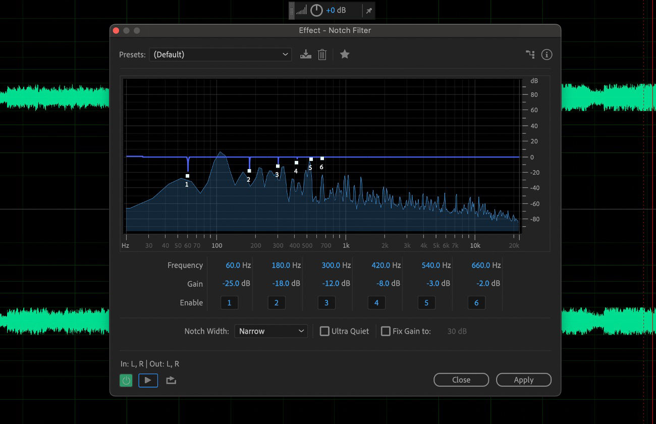 The Notch Filter effect dialog box is open, and it includes high-pass and low-pass filters, as well as high- and low-shelving filters.