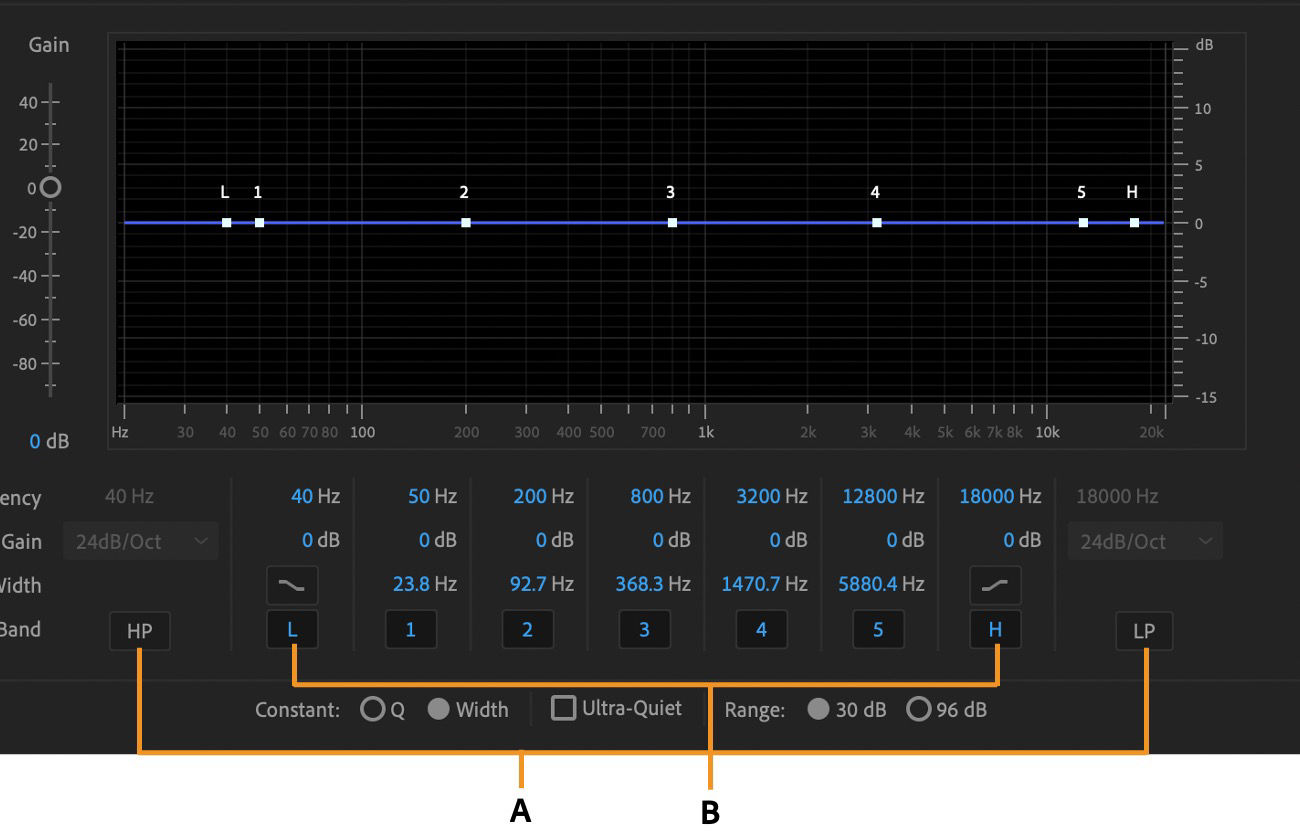 TheParametric Equalizer effect dialog box is open and it has High- and low-pass filters as well as High and low shelving filters highlighted.