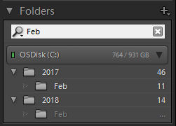 Folders panel showing filtered result based on the entered text.