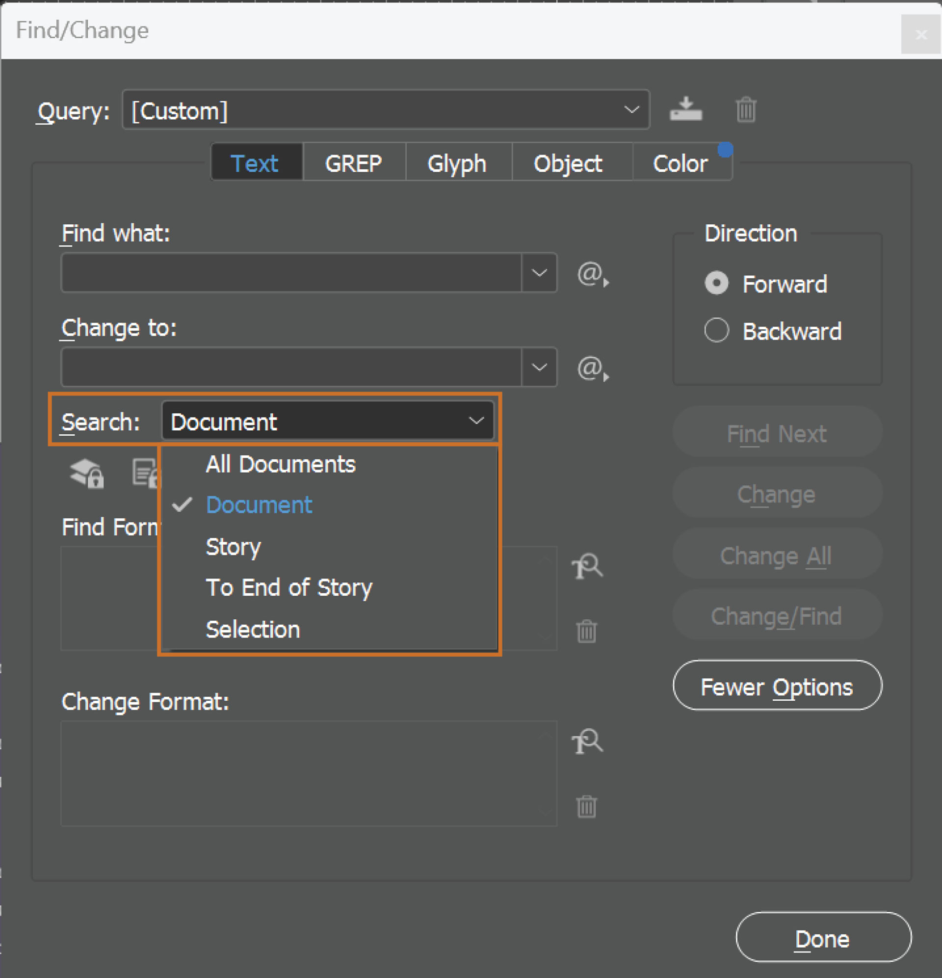 Search options in Find/Change dialog