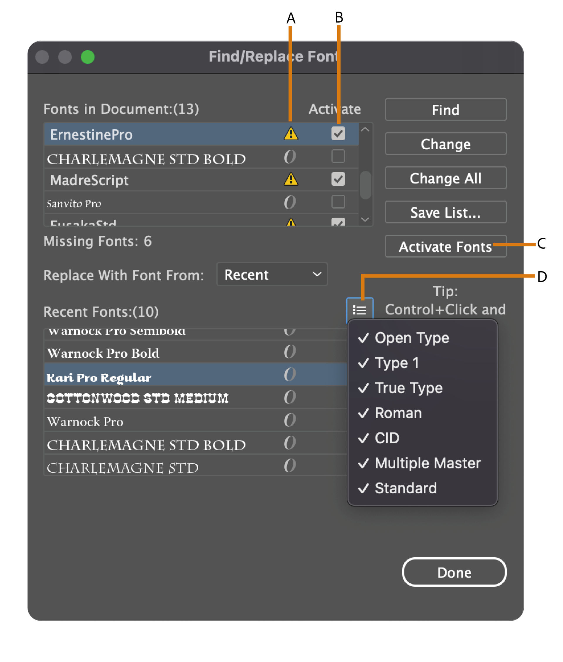 Find/Replace font dialog