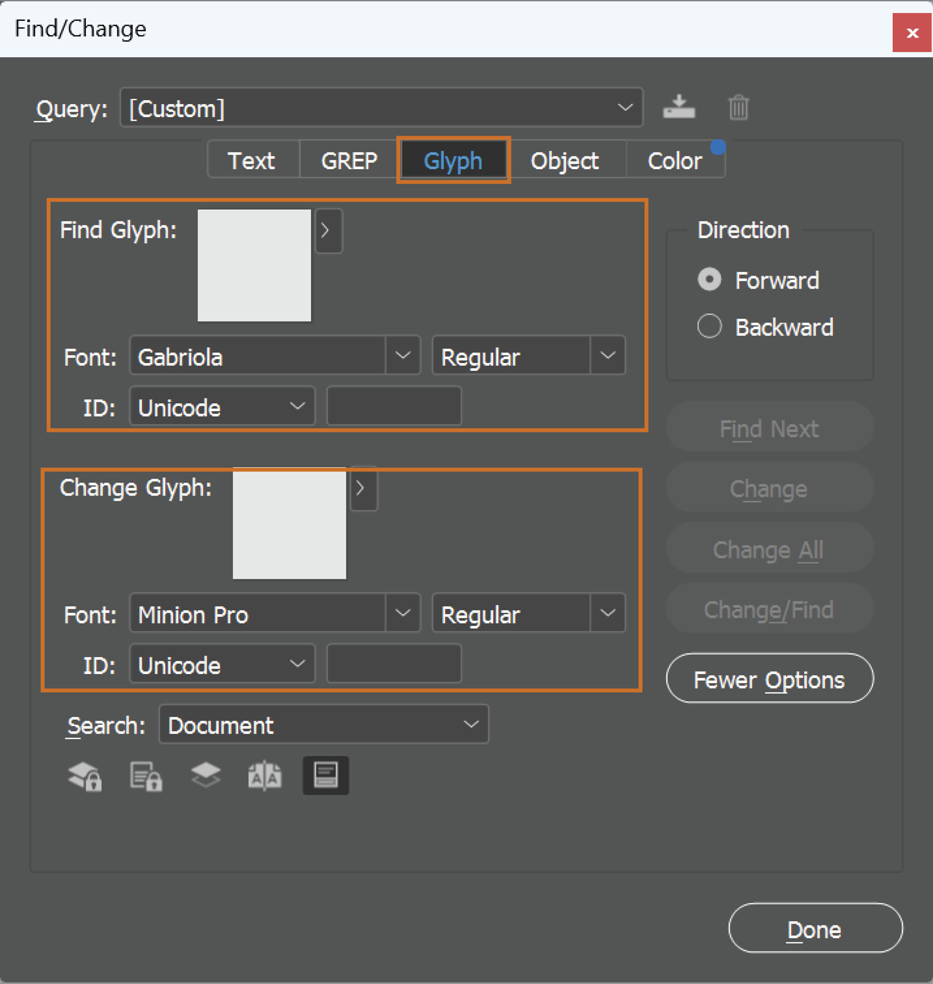 Find and replace glyphs