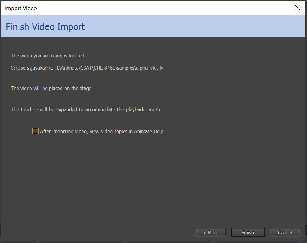 Finish video import dialog
